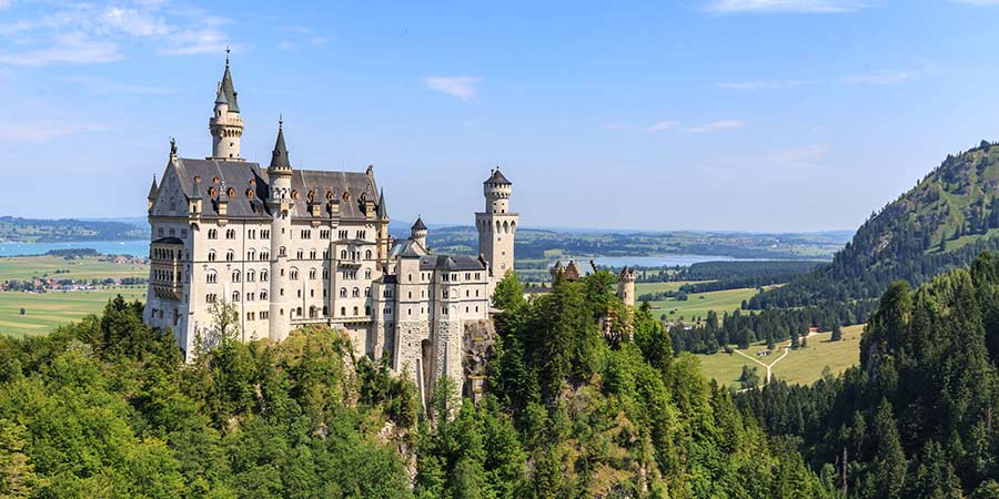 The grand Neuschwanstein Castle rises out of the green forest.