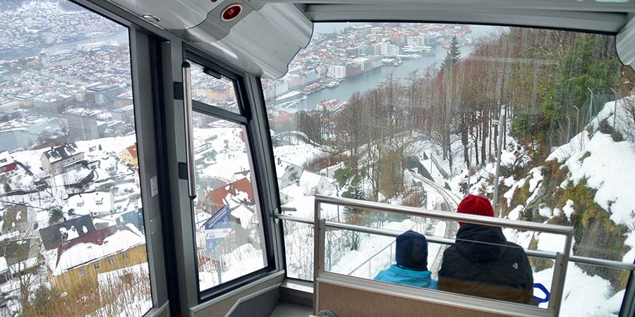 Riding the Fløibanen funicular to Mount Fløyen